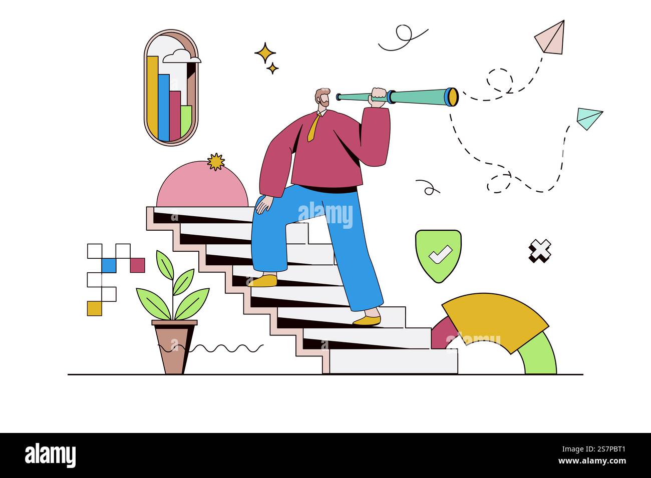 Concetto di opportunità di carriera con situazione del personaggio in un design piatto. L'uomo con spyglass sale la scala della carriera e cerca soluzioni e progressi migliori. Illustrazione vettoriale con la scena delle persone per il Web Illustrazione Vettoriale