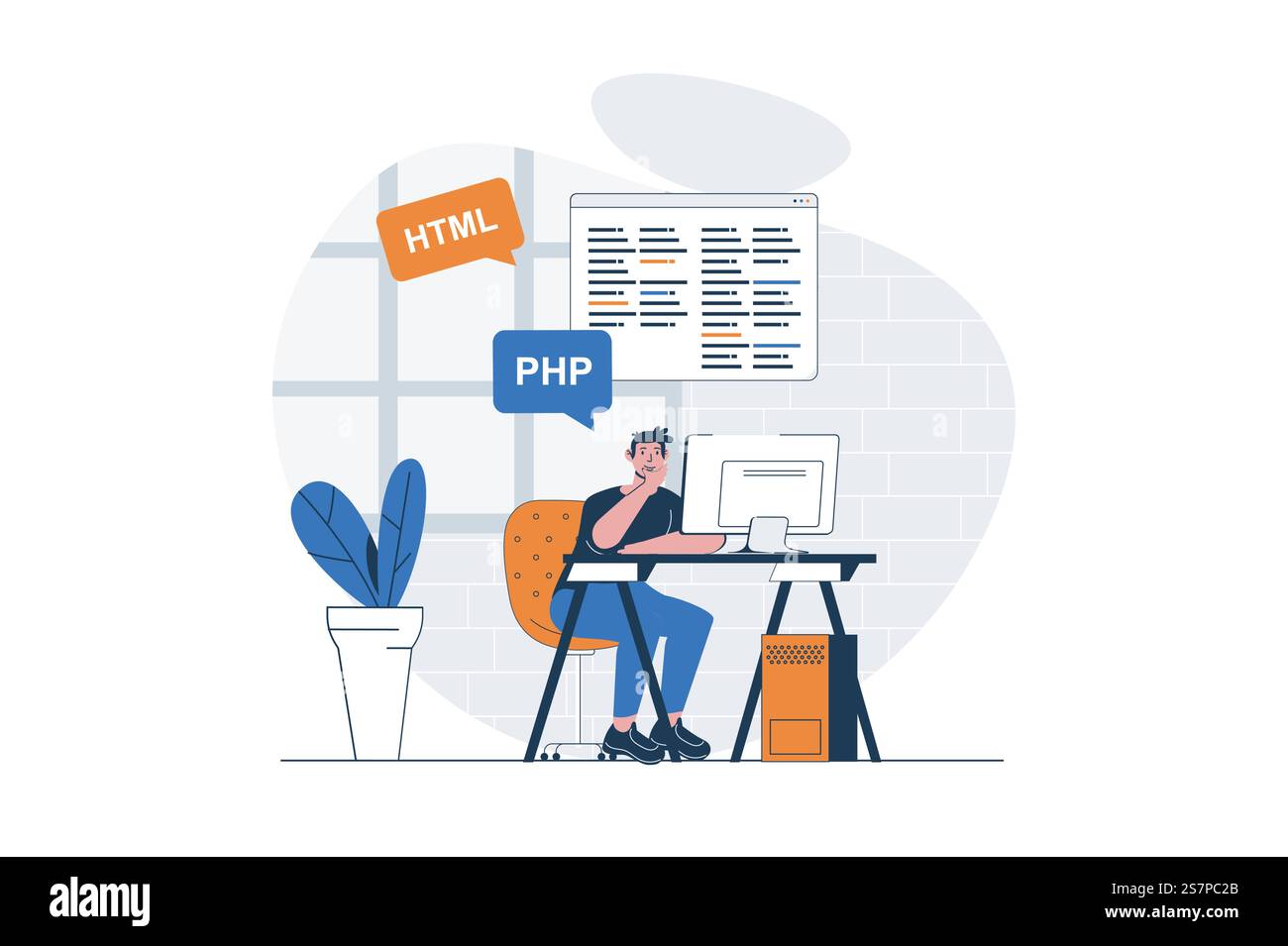 Programmazione del concetto Web con la scena del personaggio. Uomo che lavora con linguaggi php e html e che fa programmi. Situazione delle persone in un design piatto. Illustrazione vettoriale per il materiale di marketing sui social media. Illustrazione Vettoriale
