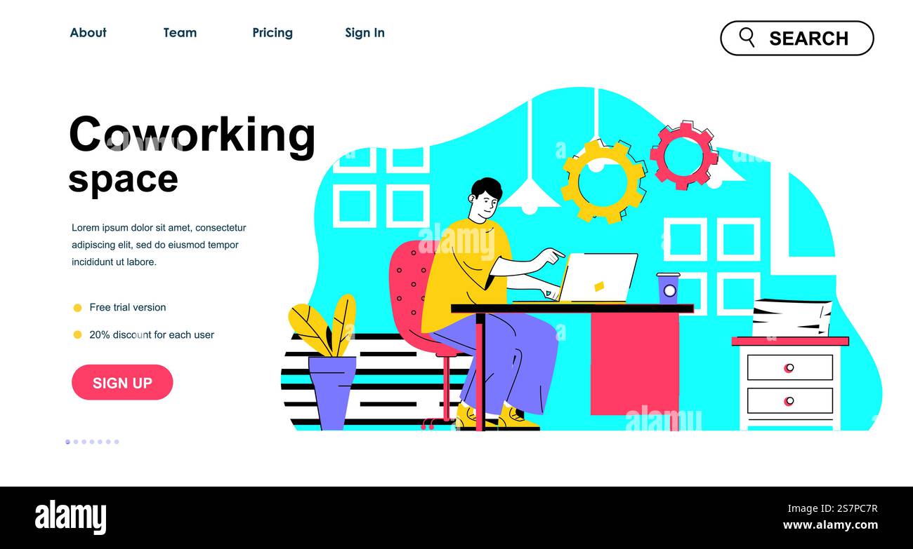 Concetto di spazio di coworking per il modello di landing page. Uomo che lavora su un computer portatile in un comodo ufficio aperto. La scena dei colleghi di lavoro. Illustrazione vettoriale con design a caratteri piatti per banner Web Illustrazione Vettoriale