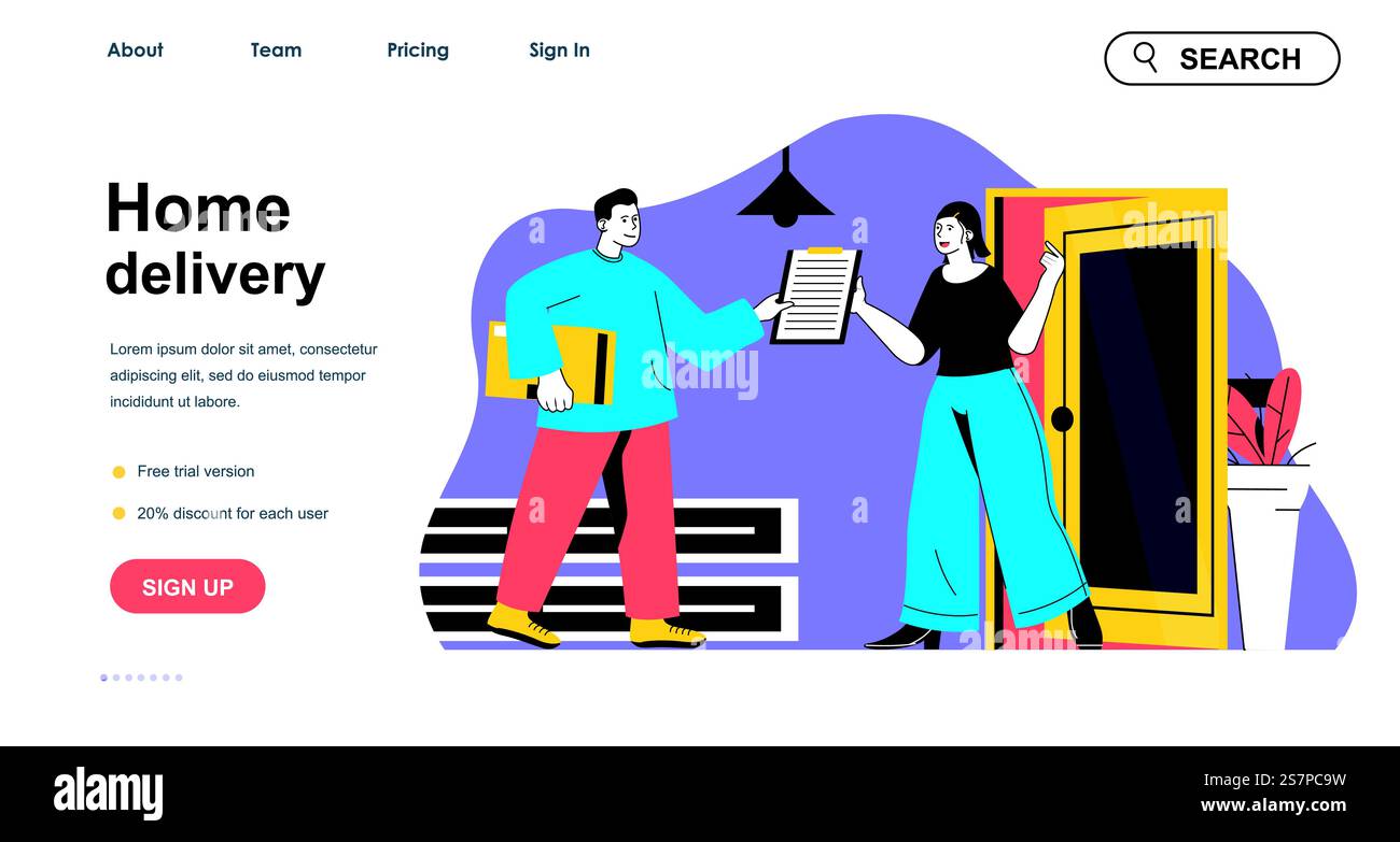 Concetto di consegna a domicilio per il modello di landing page. Corriere che trasporta la scatola del pacco alla porta del cliente. Servizio di spedizione espresso per le persone. Illustrazione vettoriale con design a caratteri piatti per banner Web Illustrazione Vettoriale