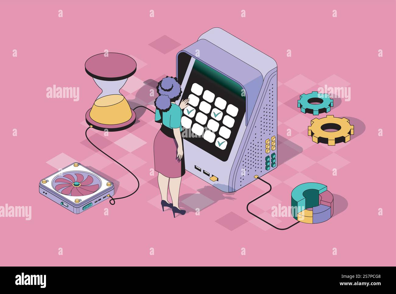 Concetto di gestione del tempo nella progettazione isometrica 3D. Donna che pianifica le attività e l'orario di lavoro per l'organizzazione del flusso di lavoro di controllo fino alla scadenza. Illustrazione vettoriale con scene di persone isometriche per grafica Web Illustrazione Vettoriale