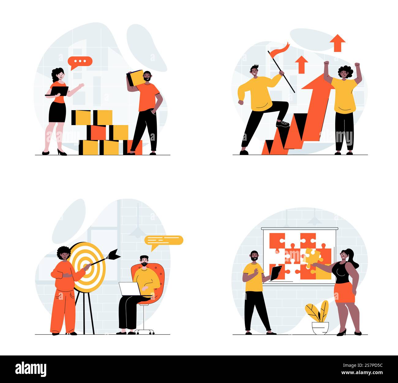 Concetto di lavoro di squadra con set di caratteri. Raccolta di scene che lavorano insieme, collaborazione al progetto e targeting, raccolta di puzzle e cubi in team. Illustrazioni vettoriali nella progettazione di nastri piatti Illustrazione Vettoriale