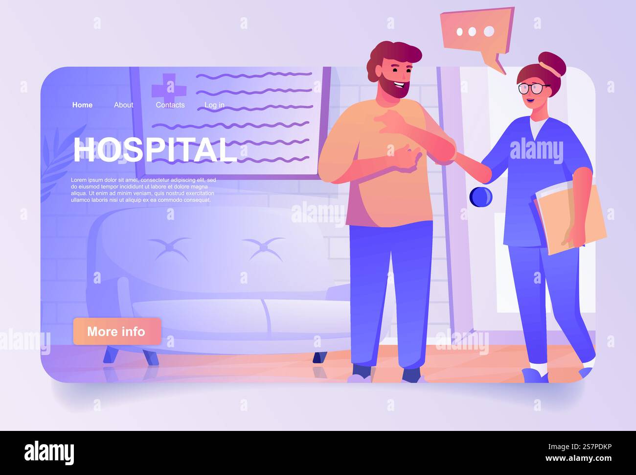 Concetto ospedaliero nella progettazione di cartoni animati per pagina di destinazione. Infermiera che parla con un uomo in clinica. Paziente in attesa di visita dal medico alla porta dell'ufficio terapisti. Illustrazione vettoriale con le persone per la home page Web Illustrazione Vettoriale