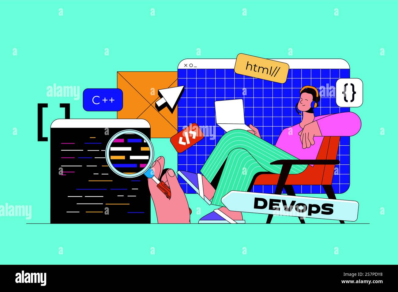 Programmazione e sviluppo del concetto web con la scena del personaggio. Sviluppatore che lavora con linguaggi del programma, codifica e test. Situazione delle persone in un design piatto. Illustrazione vettoriale per il materiale di marketing. Illustrazione Vettoriale