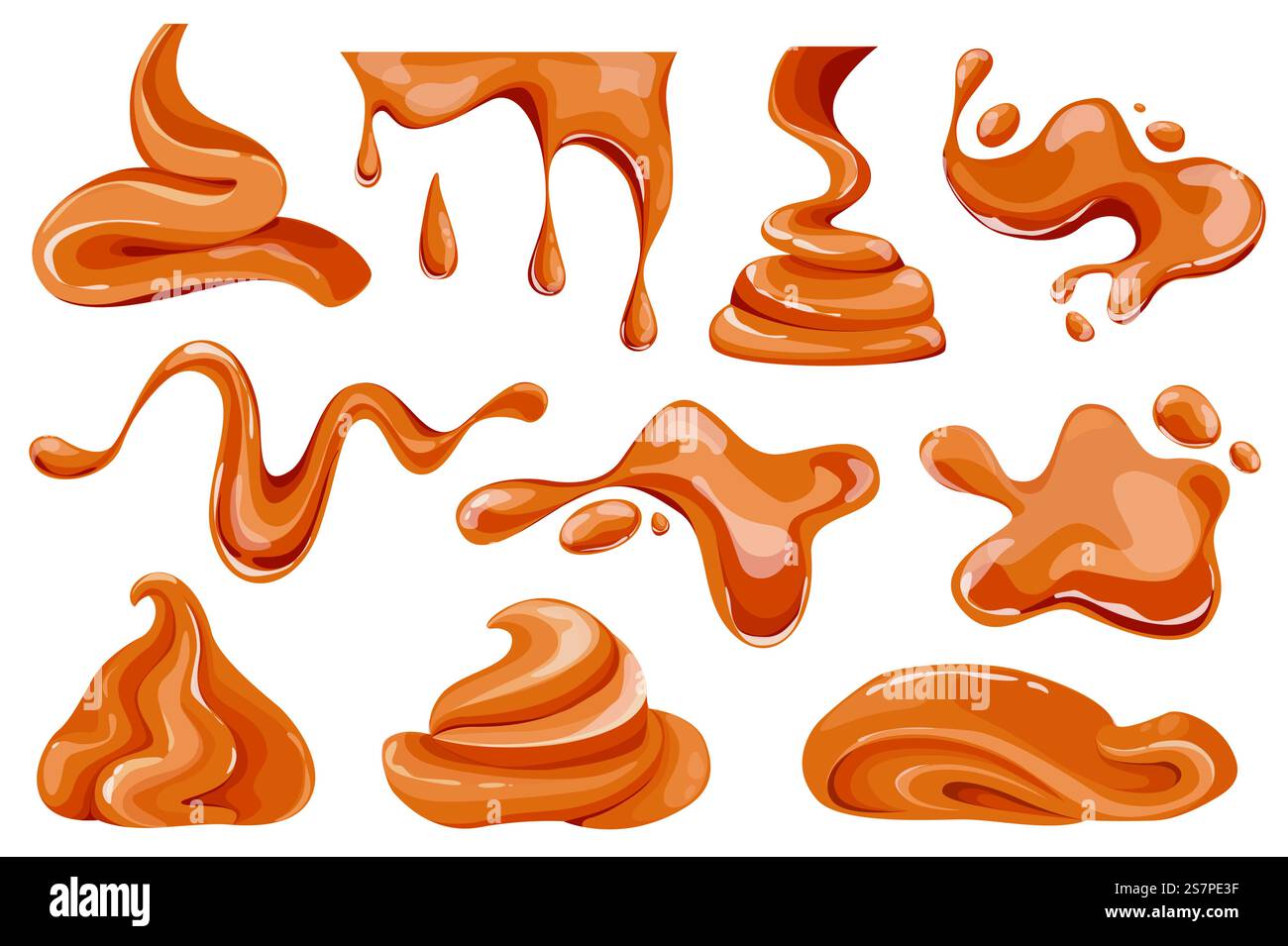 Elementi grafici in caramello fuso con design piatto. Fascio di caramello che scorre e gocciola, caramelle liquide con spruzzi e goccioline, crema di dolciumi. Oggetti isolati nell'illustrazione vettoriale Illustrazione Vettoriale