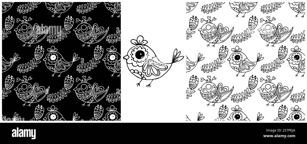 Ornamento folcloristico di uccelli e fiori. Motivi monocromatici senza cuciture in stile disegnato a mano. Stampare per il design in tessuto Illustrazione Vettoriale