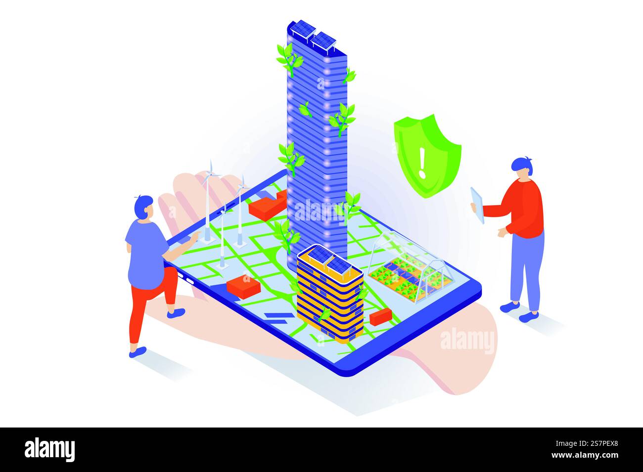 Concetto di stile di vita ecologico nel design isometrico 3D. Persone che utilizzano tecnologie per l'energia verde e la gestione dei rifiuti in città intelligenti con infrastrutture ecologiche. Illustrazione vettoriale con scenografia isometrica per grafica Web Illustrazione Vettoriale