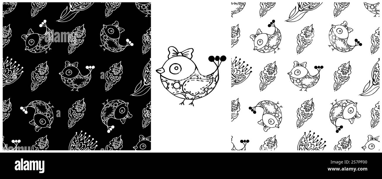 Motivi monocromatici senza cuciture. Ornamento folcloristico di uccelli e fiori. Modello disegnato a mano. Stampa Illustrazione Vettoriale