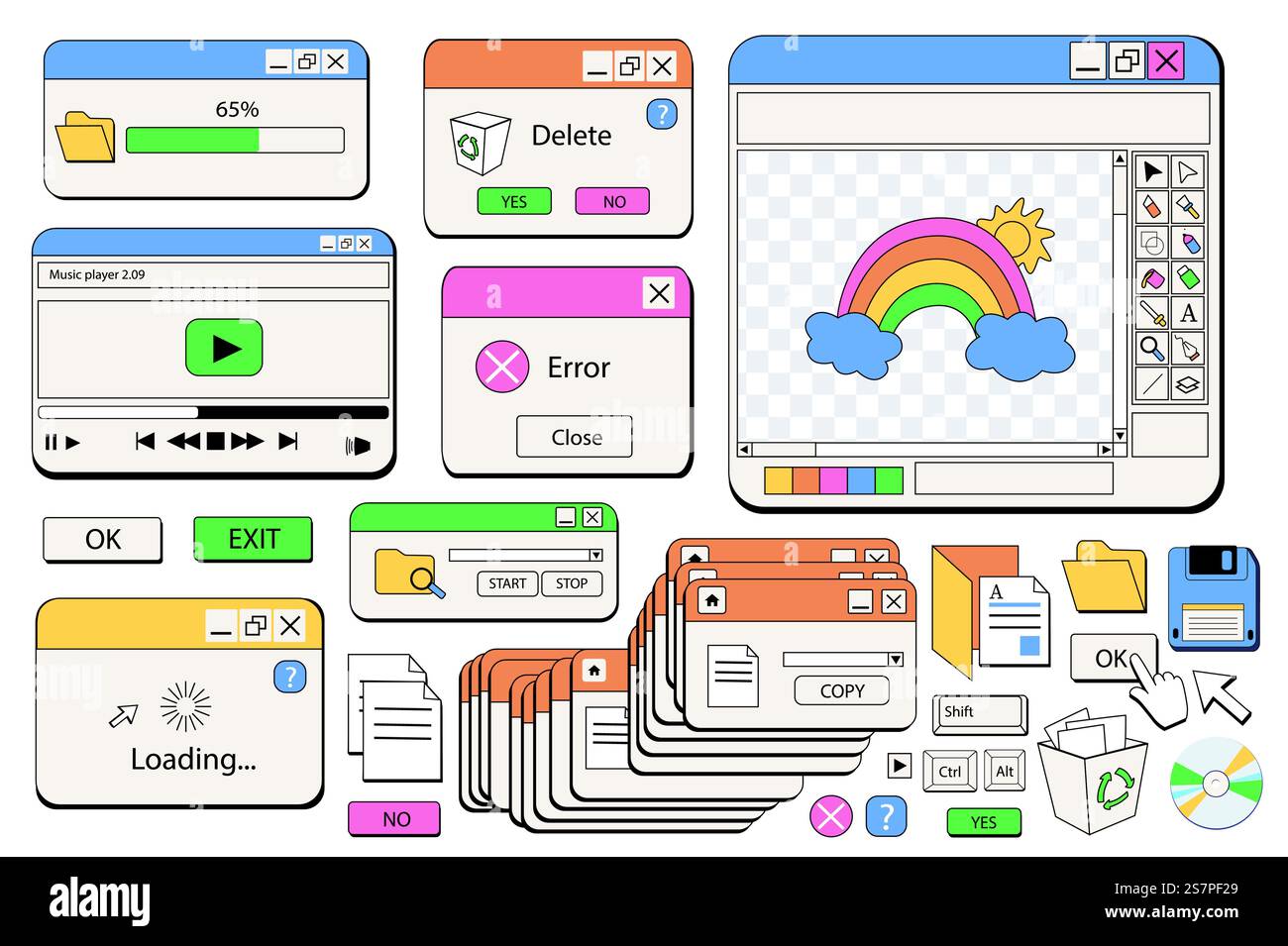 Mega set di oggetti browser Windows in design grafico piatto. Raggruppa elementi di stile retrò anni '80, anni '90, di finestre di computer di caricamento di file, lettori e altri modelli. Adesivi isolati per le illustrazioni vettoriali Illustrazione Vettoriale