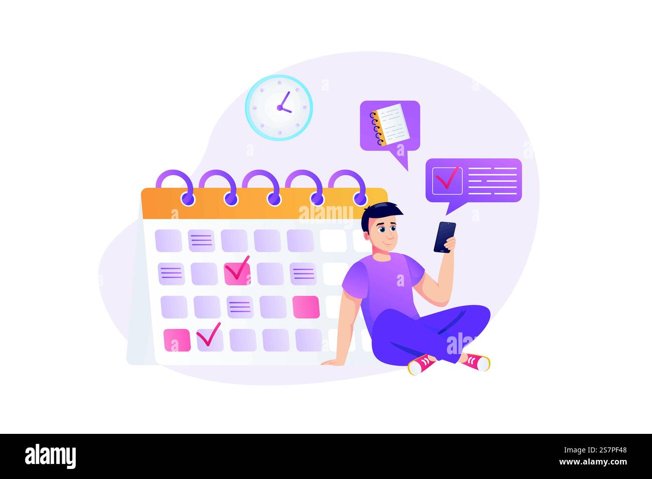 Concetto di pianificazione in stile piatto con la scena delle persone. Happy Man pianifica ogni giorno utilizzando l'applicazione mobile, segna le date importanti sul calendario e pianifica le attività di lavoro. Illustrazione vettoriale per il web design Illustrazione Vettoriale