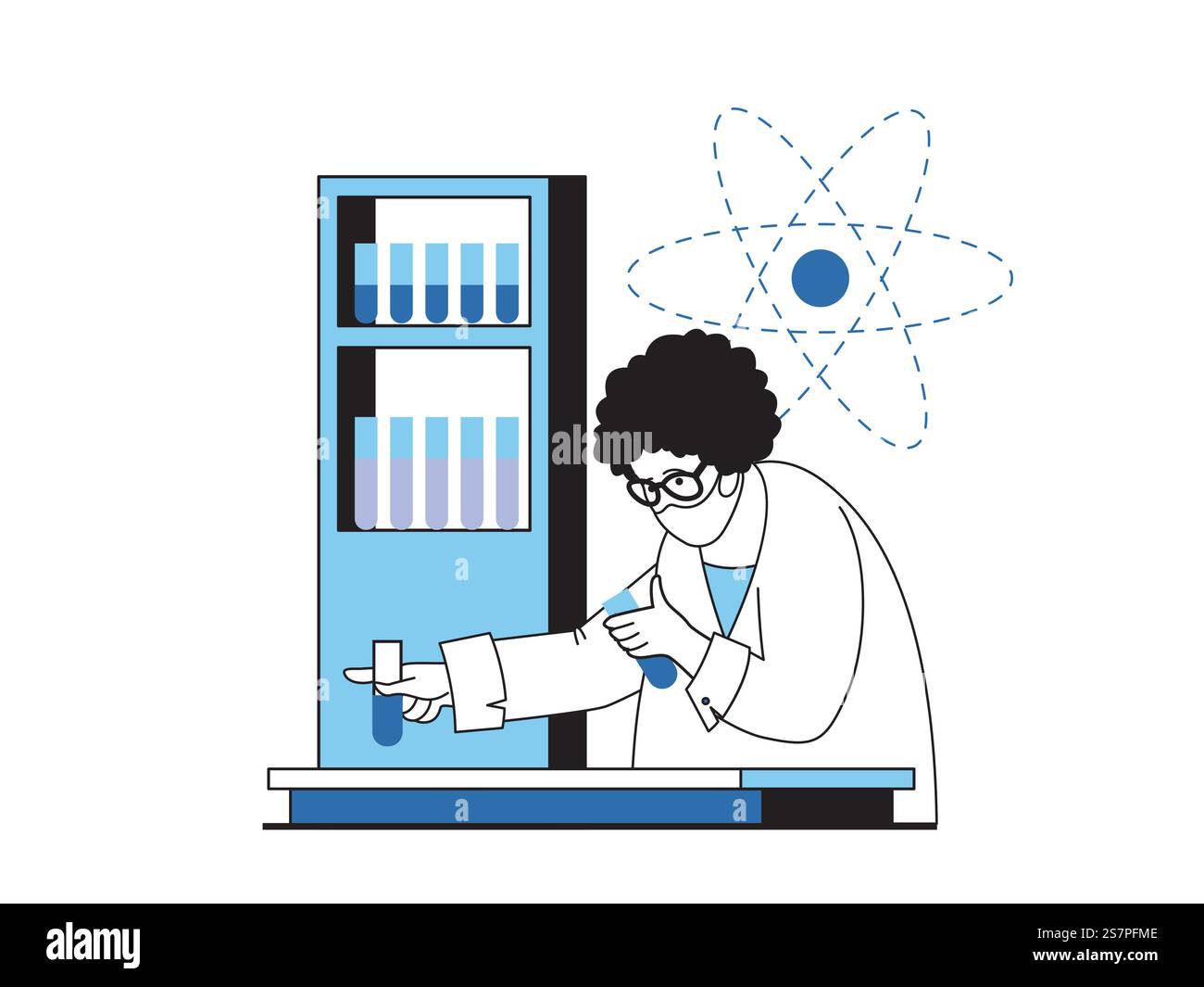 Concetto medico con situazione del carattere. Medico ricercatore effettua test chimici in laboratorio, studia le malattie e sviluppa farmaci in laboratorio. Illustrazione vettoriale con scene di persone in design piatto per il Web Illustrazione Vettoriale
