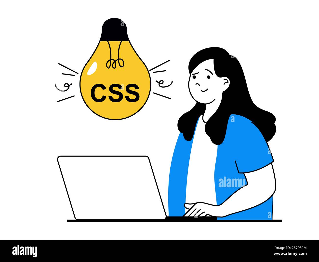 Concetto di sviluppo Web con situazione dei caratteri. Donna che lavora con codice di programmazione e impostazioni, brainstorming e crea interfaccia. Illustrazione vettoriale con scene di persone in design piatto per il Web Illustrazione Vettoriale