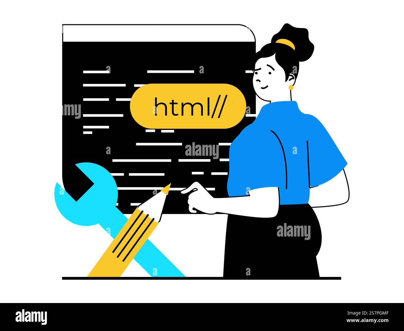 Concetto di sviluppo Web con situazione dei caratteri. Woman crea un'interfaccia di layout e crea codice html, costruisce siti e crea progetti. Illustrazione vettoriale con scene di persone in design piatto per il Web Illustrazione Vettoriale