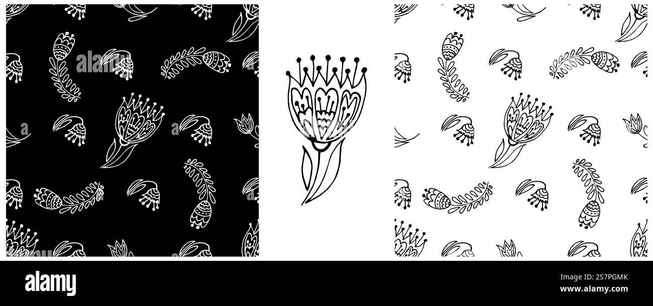 Ornamento floreale popolare. Motivi monocromatici senza cuciture in stile disegnato a mano. Stampa per il design di tessuti, ecc. Illustrazione Vettoriale