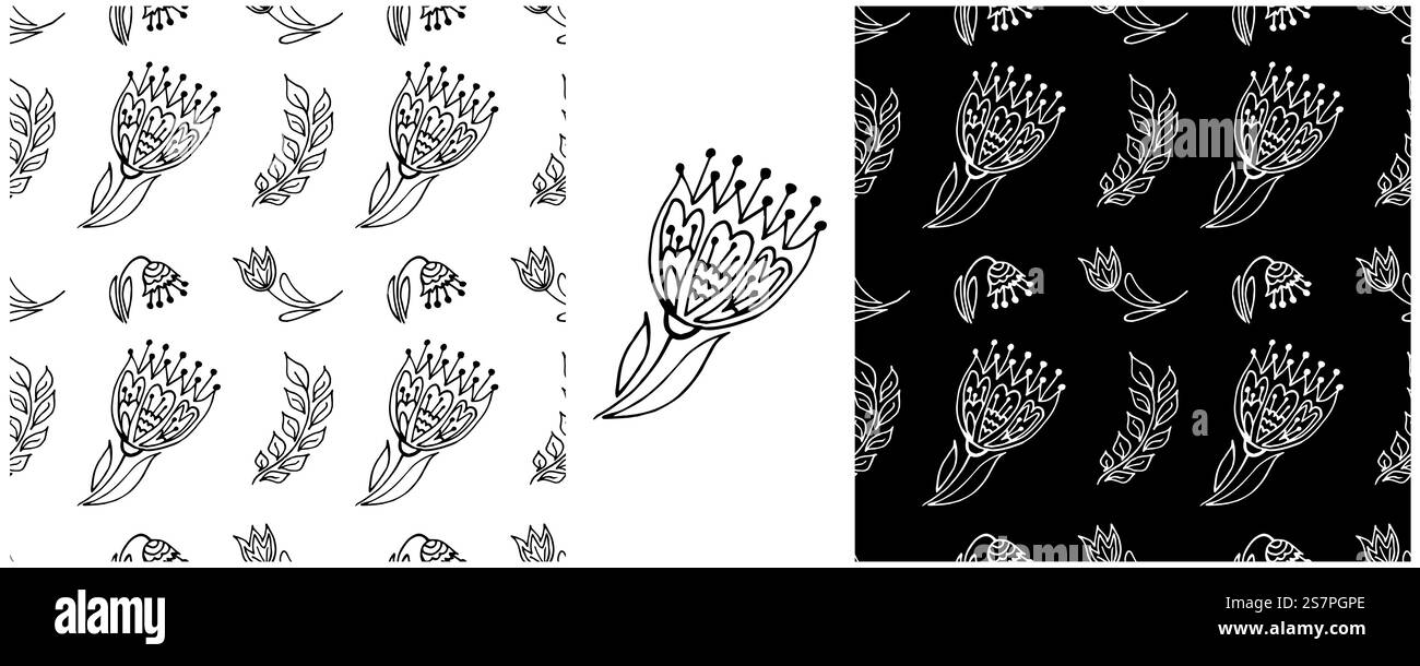 Ornamento floreale popolare. Motivi monocromatici senza cuciture in stile disegnato a mano. Stampare per il design in tessuto Illustrazione Vettoriale