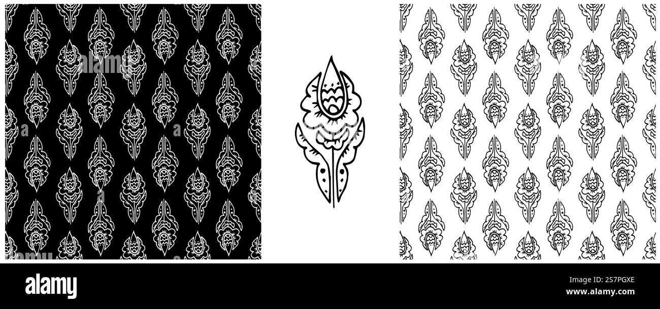 Ornamento floreale popolare. Motivi monocromatici senza cuciture in stile disegnato a mano. Stampa per il design di tessuti, tessuti, ecc. Illustrazione Vettoriale