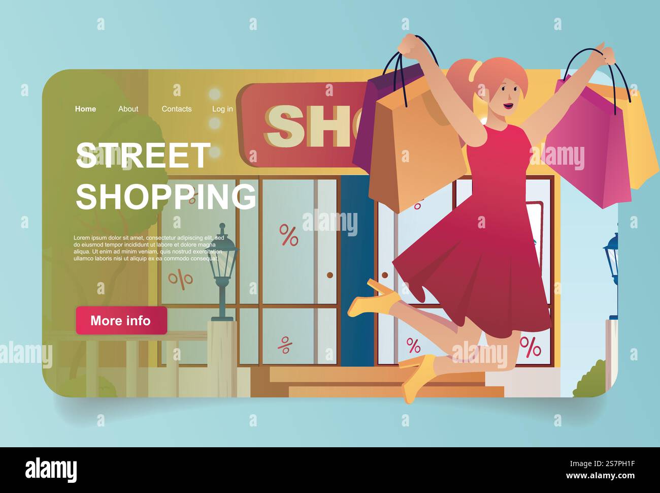 Shopping in strada con concetto di cliente nella progettazione di cartoni animati per landing page. Acquirenti donne che saltano con borse vicino ai negozi e fanno acquisti in vendita. Illustrazione vettoriale con le persone per la home page Web Illustrazione Vettoriale
