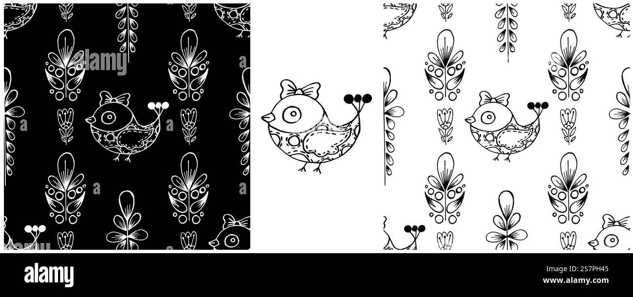 Motivi monocromatici senza cuciture. Ornamento folcloristico di uccelli e fiori. Modello disegnato a mano. Stampa per la progettazione, ecc. Illustrazione Vettoriale