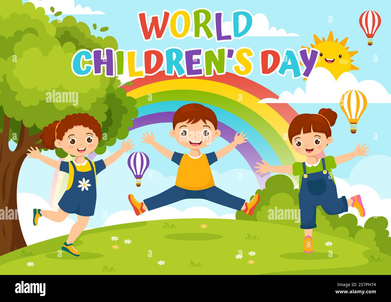 World Children&rsquo;S Day Vector Illustration il 20 novembre con Kids and Rainbow in Children Celebration Cartoon Bright Sky Blue background Design Illustrazione Vettoriale