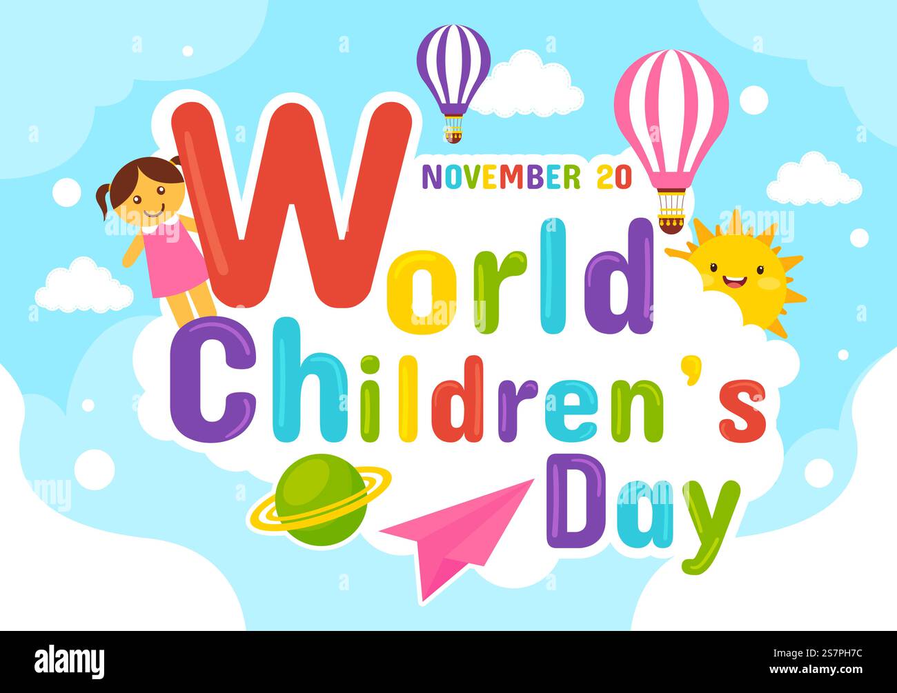 World Children&rsquo;S Day Vector Illustration il 20 novembre con Kids and Rainbow in Children Celebration Cartoon Bright Sky Blue background Design Illustrazione Vettoriale