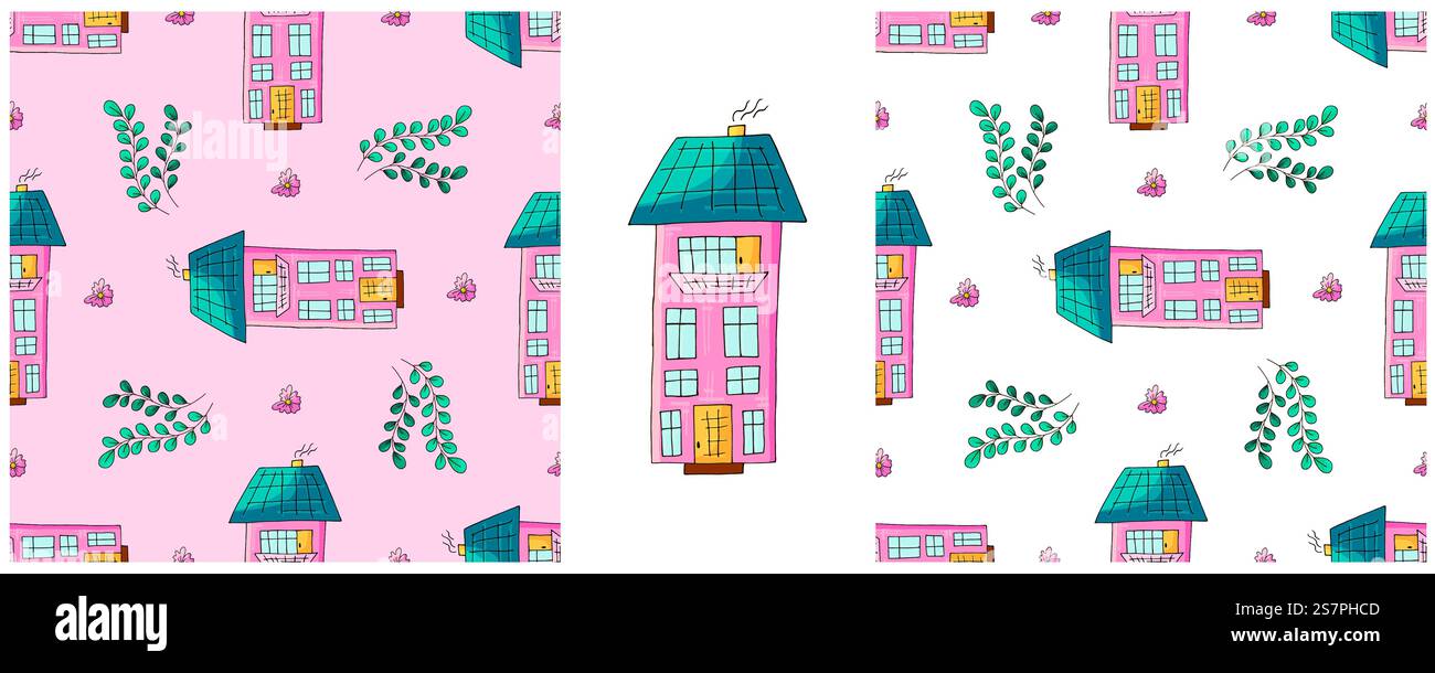 Crea motivi senza cuciture con case colorate decorative. Edificio, residenziale. Modello disegnato a mano, creato per tessuti, tessuti, packaging, de Illustrazione Vettoriale