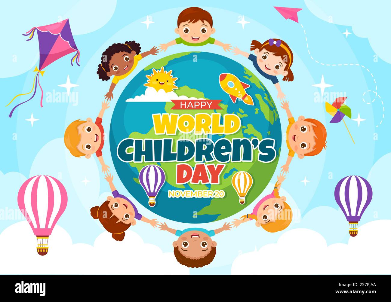World Children&rsquo;S Day Vector Illustration il 20 novembre con Kids and Rainbow in Children Celebration Cartoon Bright Sky Blue background Design Illustrazione Vettoriale