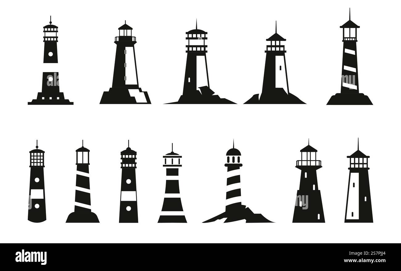 Icona del set d'epoca marino Lighthouse Vector Illustrazione Vettoriale
