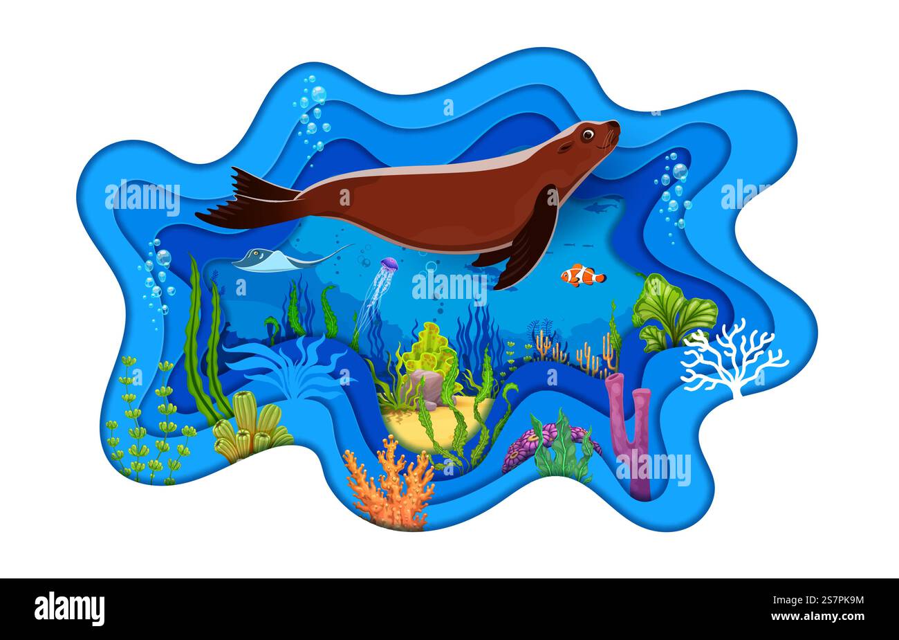 Paesaggio sottomarino tagliato in carta con foca. Carta subacquea per il taglio di striscioni vettoriali, carta da parati per animali acquatici o sfondo 3d con stin Illustrazione Vettoriale