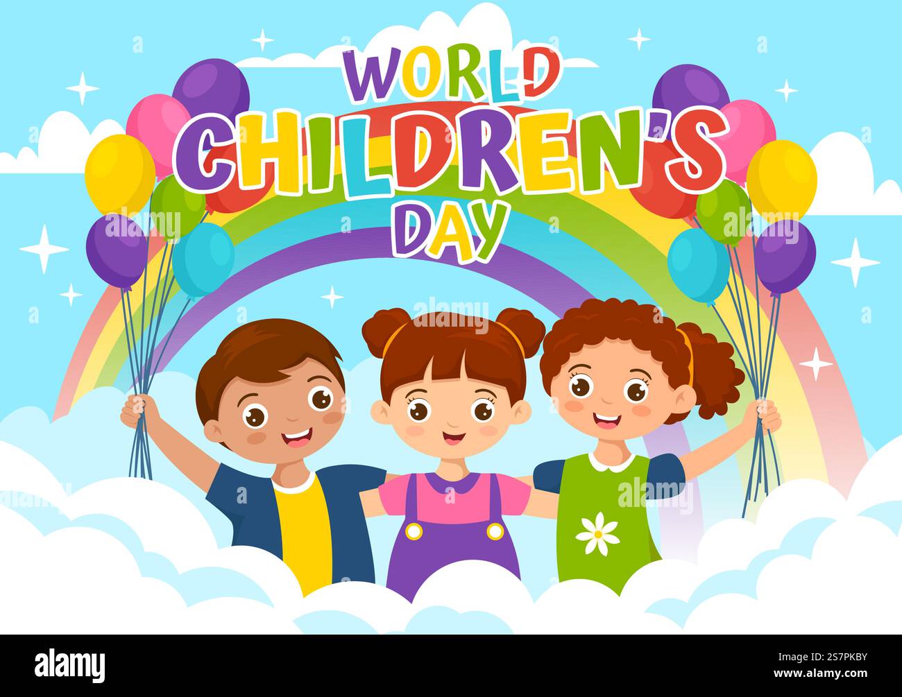 World Children&rsquo;S Day Vector Illustration il 20 novembre con Kids and Rainbow in Children Celebration Cartoon Bright Sky Blue background Design Illustrazione Vettoriale