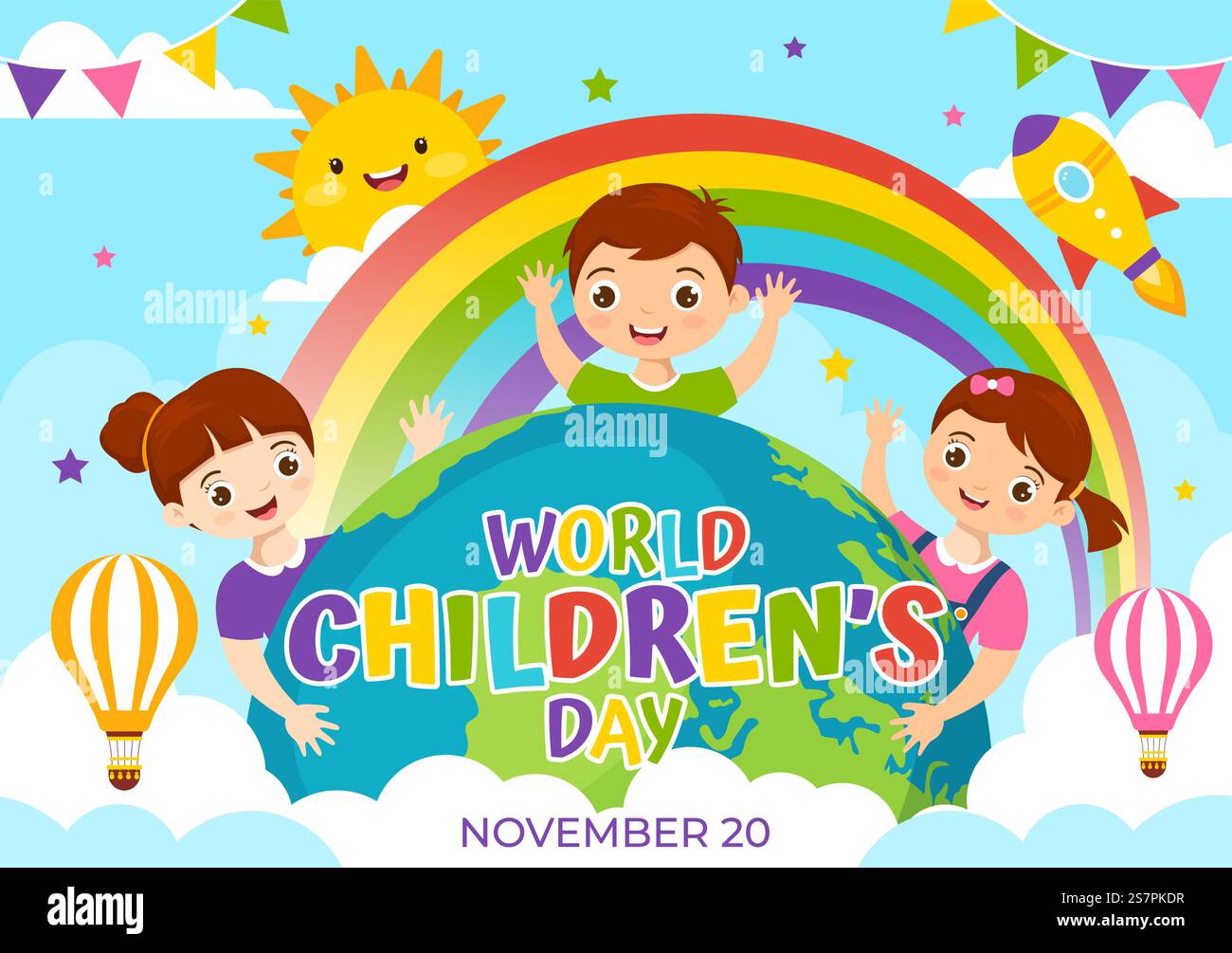 World Children&rsquo;S Day Vector Illustration il 20 novembre con Kids and Rainbow in Children Celebration Cartoon Bright Sky Blue background Design Illustrazione Vettoriale