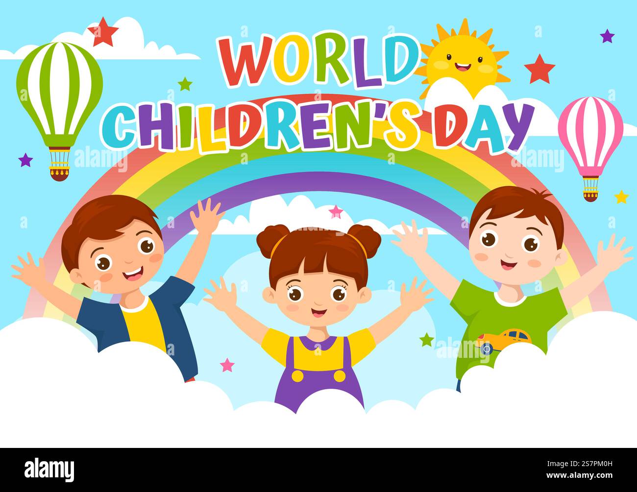 World Children&rsquo;S Day Vector Illustration il 20 novembre con Kids and Rainbow in Children Celebration Cartoon Bright Sky Blue background Design Illustrazione Vettoriale