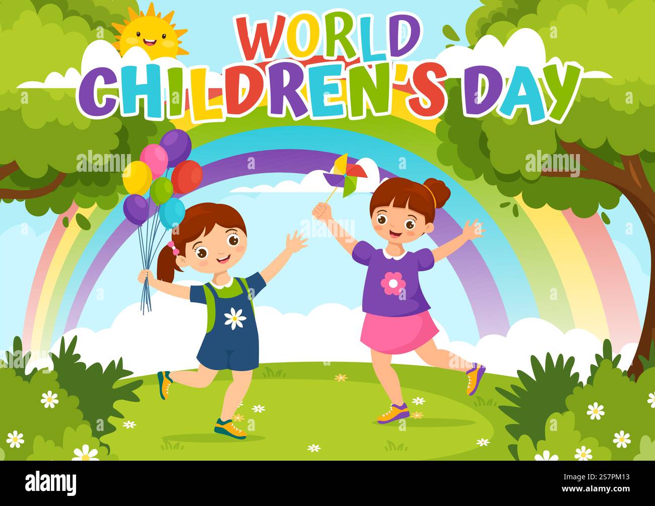 World Children&rsquo;S Day Vector Illustration il 20 novembre con Kids and Rainbow in Children Celebration Cartoon Bright Sky Blue background Design Illustrazione Vettoriale