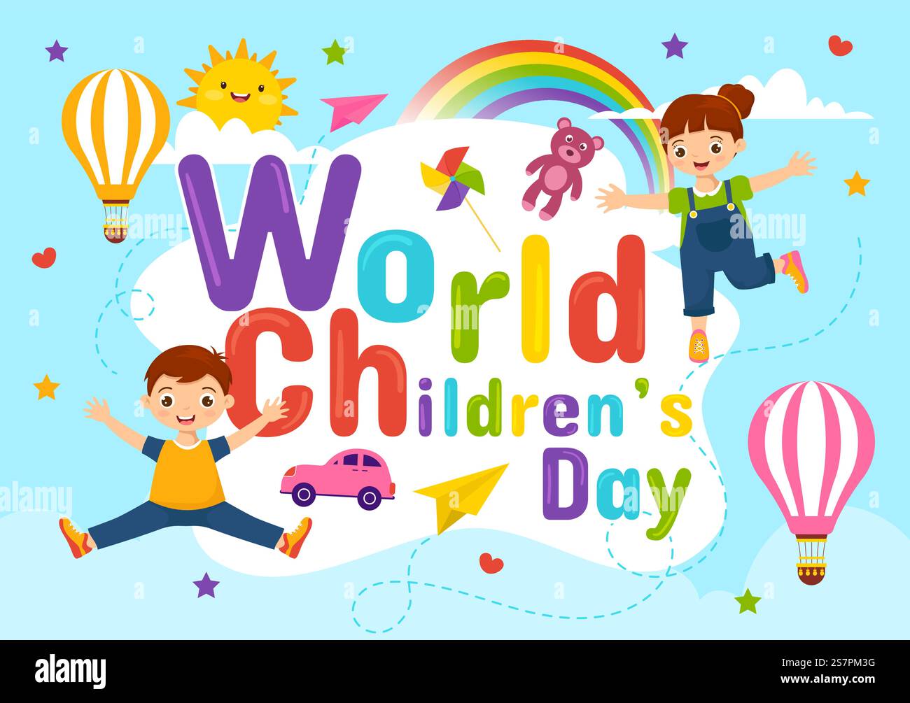World Children&rsquo;S Day Vector Illustration il 20 novembre con Kids and Rainbow in Children Celebration Cartoon Bright Sky Blue background Design Illustrazione Vettoriale