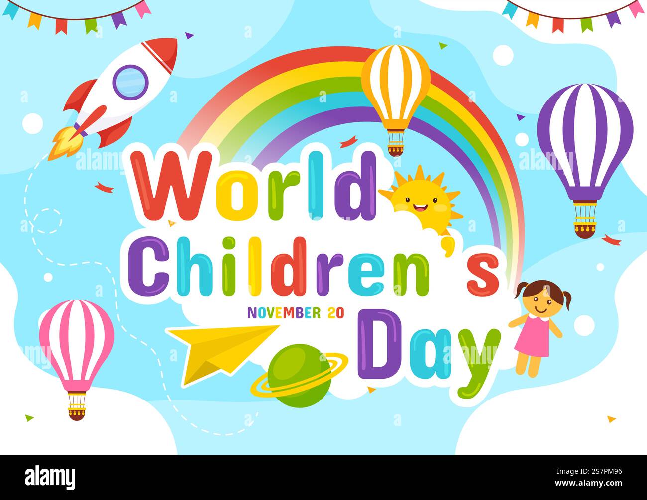World Children&rsquo;S Day Vector Illustration il 20 novembre con Kids and Rainbow in Children Celebration Cartoon Bright Sky Blue background Design Illustrazione Vettoriale