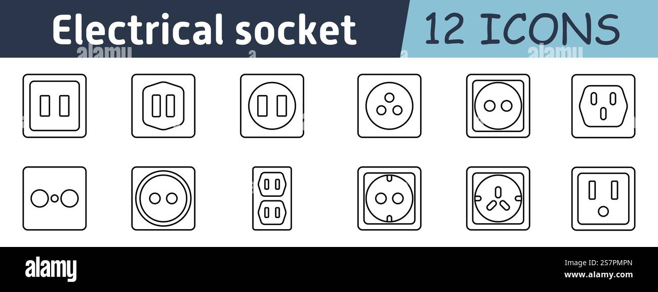 Icona set presa elettrica. Prese di corrente, tipi di spina, adattatori universali, prese a muro, collegamento per l'energia, standard di sicurezza, alimentatore, residentia Illustrazione Vettoriale
