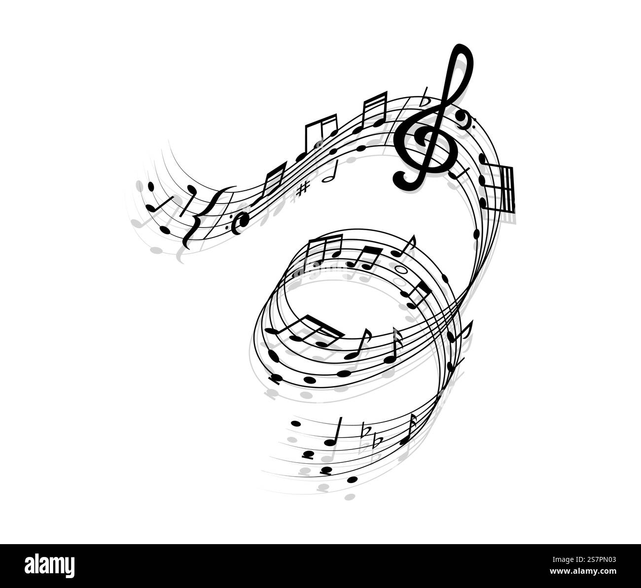 Onda di canzoni con note musicali e simboli chiari. Registrazione audio le note musicali ruotano lo sfondo. Musica classica o melodia orchestra armonia onda a spirale isolata Illustrazione Vettoriale