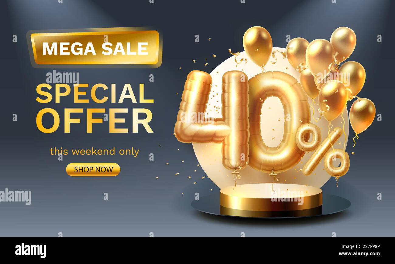 Offerta speciale saldi 40 ballon, mega vendita podio dorato, sfondo nero. Illustrazione vettoriale. Offerta speciale saldi 40 ballon, mega vendita podio dorato, sfondo nero. Vettore Illustrazione Vettoriale