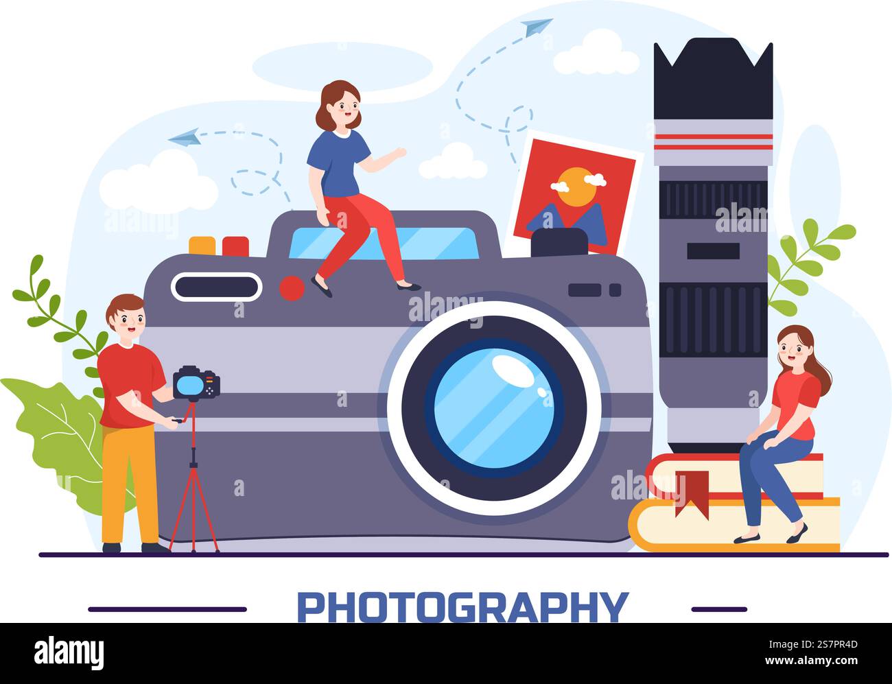 Fotografia illustrazione vettoriale con fotocamera e attrezzatura per catturare viaggi, turismo, avventura e ricordi in un disegno di sfondo di un cartone animato piatto Illustrazione Vettoriale