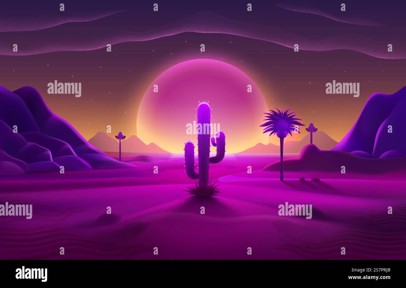 Copertura al neon del deserto dalle onde retrò con oasi e palme. Sfondo naturale. Illustrazione vettoriale. Copertura al neon del deserto dalle onde retrò con oasi e palme. Sfondo naturale. Vettore Illustrazione Vettoriale