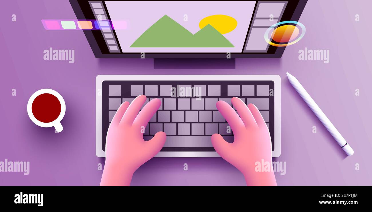 Le simpatiche mani umane 3d funzionano sulla tastiera di un computer. Design e artista digitale. Vista dall'alto. Illustrazione vettoriale. Le simpatiche mani umane 3d funzionano sulla tastiera di un computer. Design e artista digitale. Vista dall'alto. Illustrazione Vettoriale