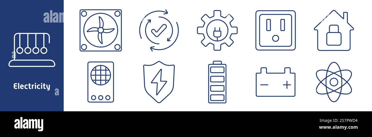 Icona di impostazione dell'elettricità. Energia a pendolo, ventilazione, ciclo rinnovabile, presa, casa chiusa, batteria, generatore, atomo Illustrazione Vettoriale