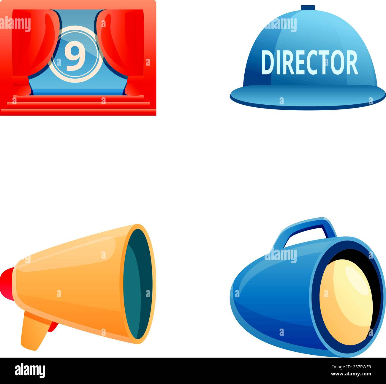 Le icone di ripresa consentono di impostare il vettore dei cartoni animati. Attrezzature per la produzione di film. Produzione cinematografica. Le icone di ripresa consentono di impostare il vettore dei cartoni animati. Attrezzature per la produzione di film Illustrazione Vettoriale