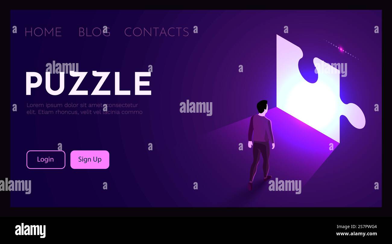 L'uomo si trova di fronte al simbolo del puzzle. Concetto di soluzioni aziendali. Illustrazione vettoriale. L'uomo si trova di fronte al simbolo del puzzle. Concetto di soluzioni aziendali. Illustrazione Vettoriale