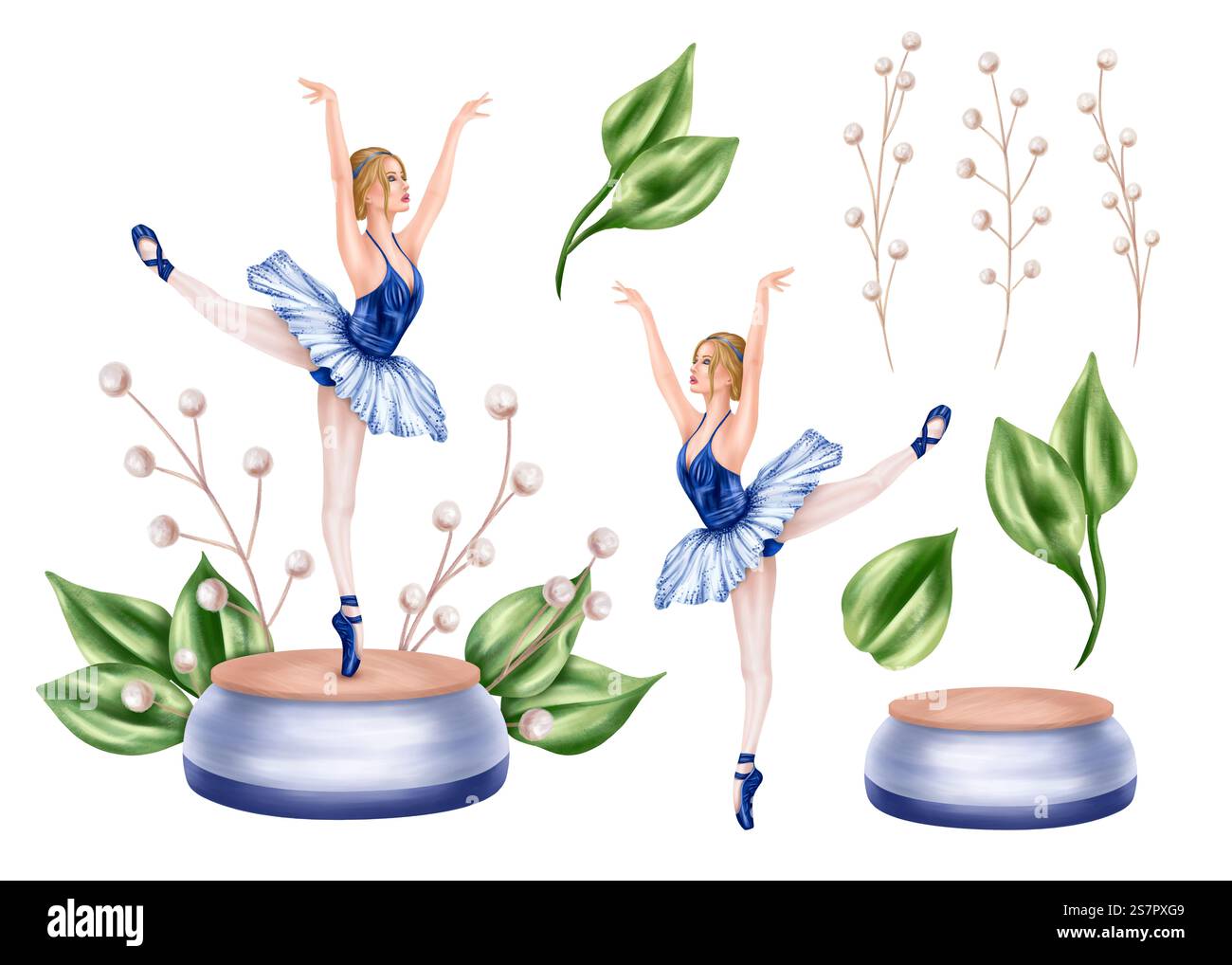 Artisti di teatro e balletto in tute blu su pod. Un carillon con una ballerina danzante in tutu e scarpe pointe. Bella principessa Foto Stock