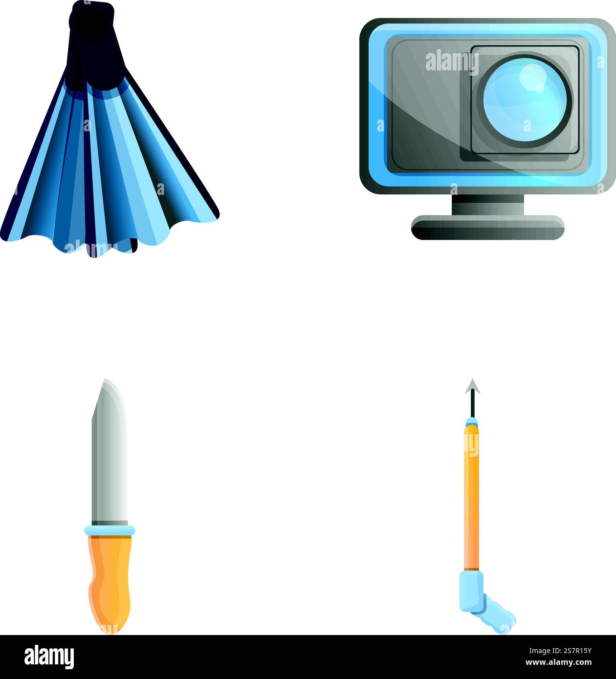 Le icone di pesca subacquea impostano il vettore dei cartoni animati. Attrezzatura fotografica subacquea. Caccia subacquea. Le icone di pesca subacquea impostano il vettore dei cartoni animati. Attrezzatura fotografica subacquea Illustrazione Vettoriale