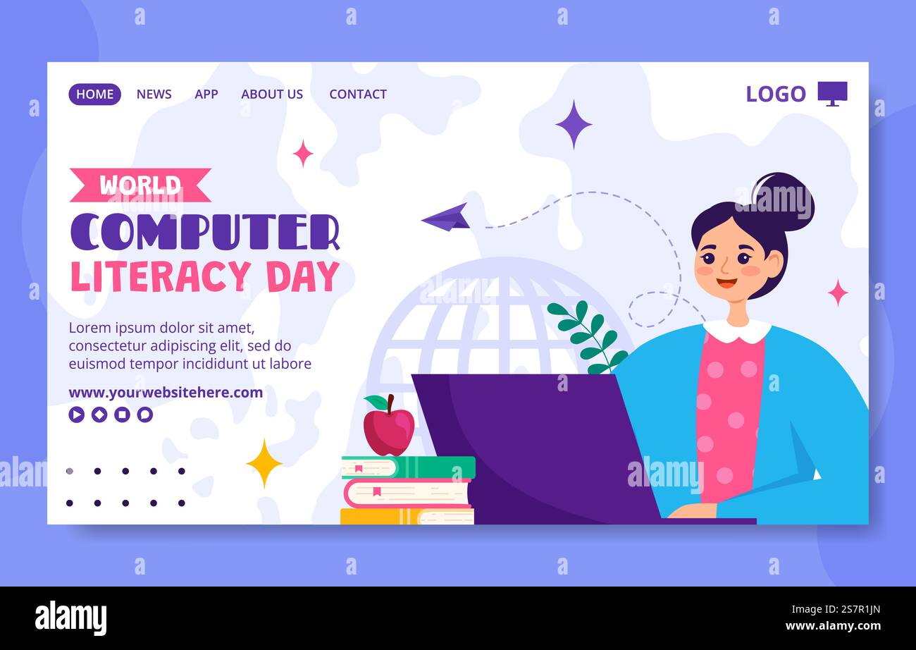 Modello di cartoni animati dell'illustrazione della landing page del social media giornata dell'alfabetizzazione del computer sfondo Illustrazione Vettoriale