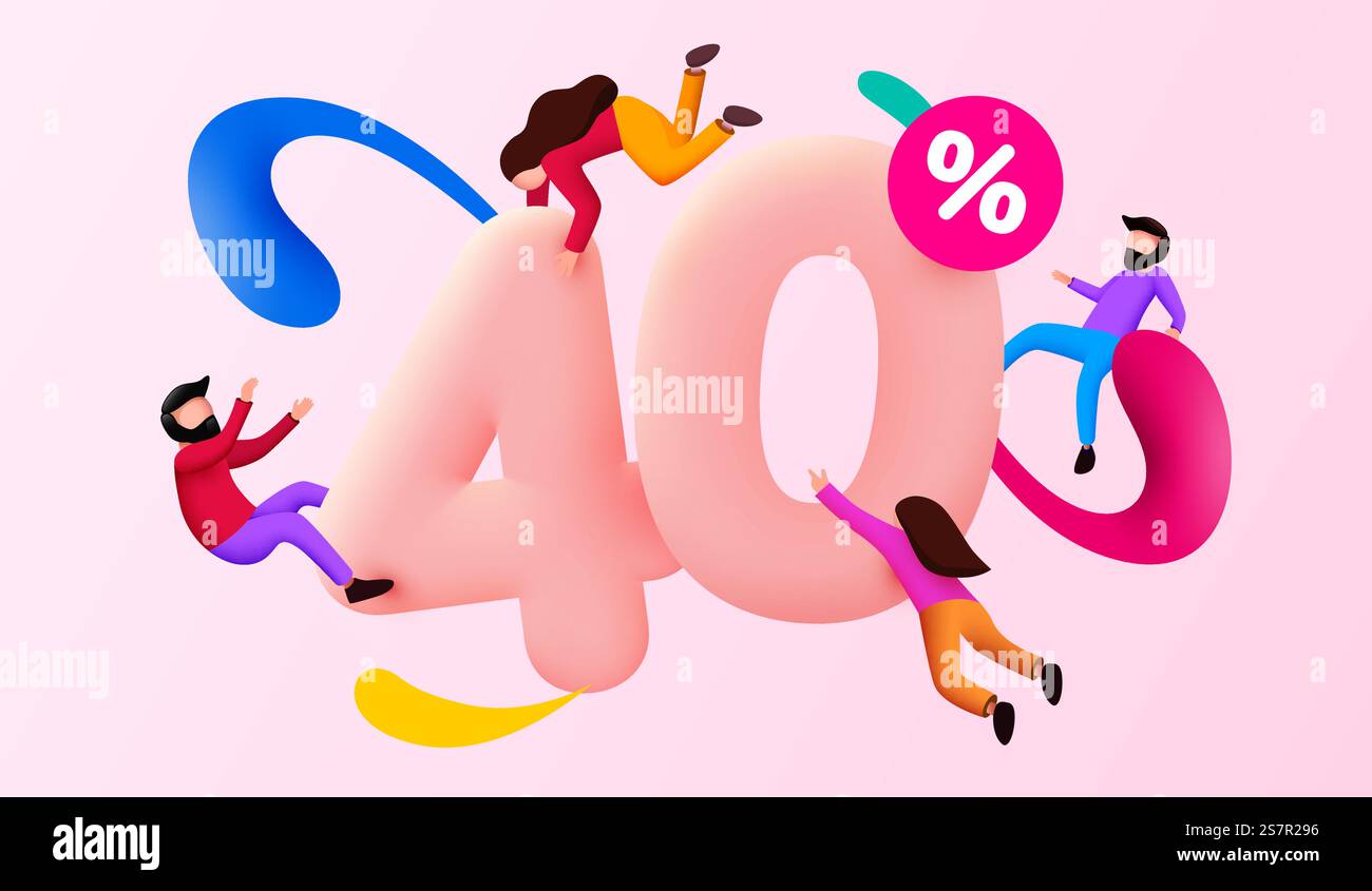 Mega saldi. sconto del 40%. Offerta speciale background con persone volanti. Poster o banner promozionale. Illustrazione vettoriale. Mega saldi. sconto del 40%. Offerta speciale background con persone volanti. Poster o banner promozionale. Illustrazione Vettoriale