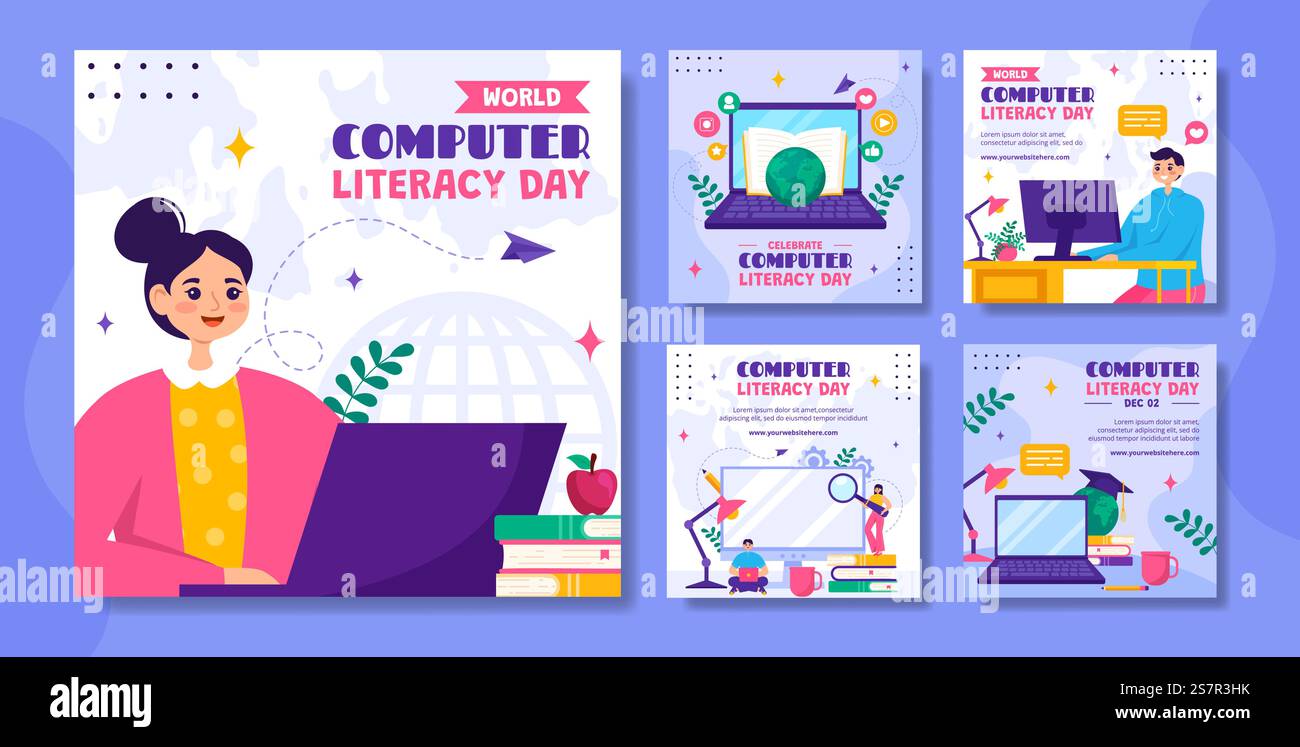 Giornata dell'alfabetizzazione informatica Social Media Post illustrazione cartone animato piatto modelli disegnati a mano sfondo Illustrazione Vettoriale