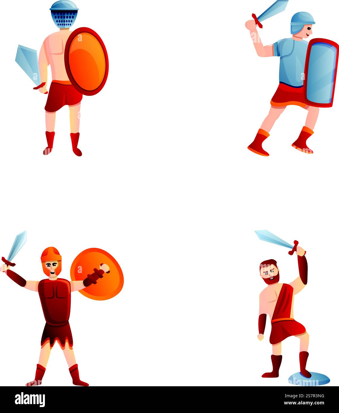 Le icone dei gladiatori impostano il vettore dei cartoni animati. Soldato romano in armatura e arma. Personaggio storico, antico guerriero. Le icone dei gladiatori impostano il vettore dei cartoni animati. Soldato romano in armatura e arma Illustrazione Vettoriale