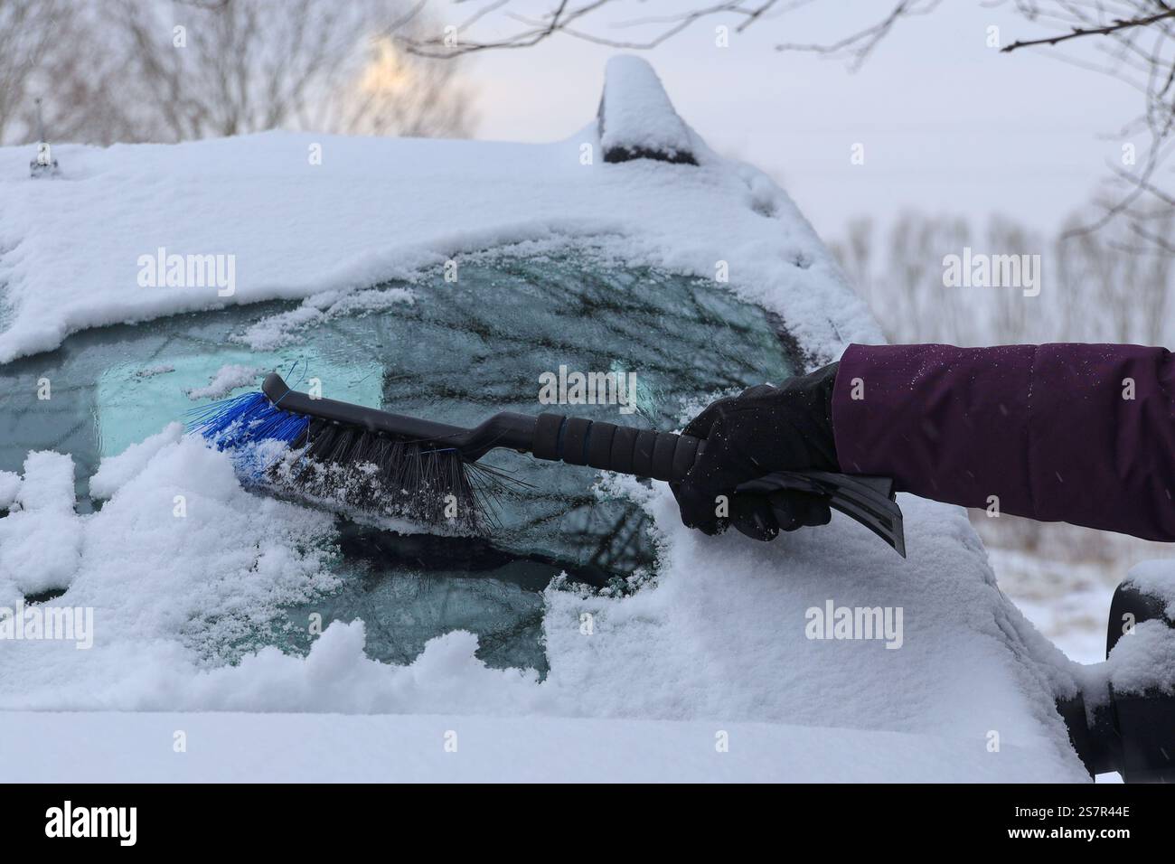 Il parabrezza dell'auto è parzialmente libero dalla neve e la mano di una donna con una spazzola invernale dell'auto Foto Stock